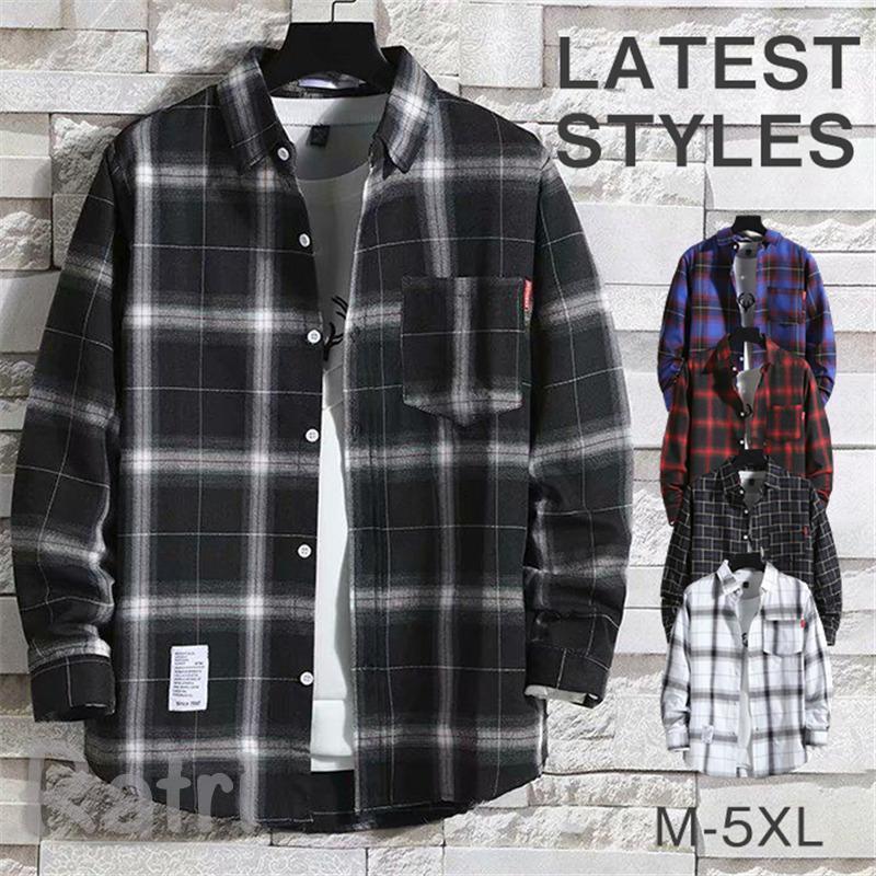 メンズチェック柄長袖シャツカジュアルシャツ夏服秋服春服長袖トップスアウター通勤おしゃれボタンダウンシャツ前開き30S40S50S