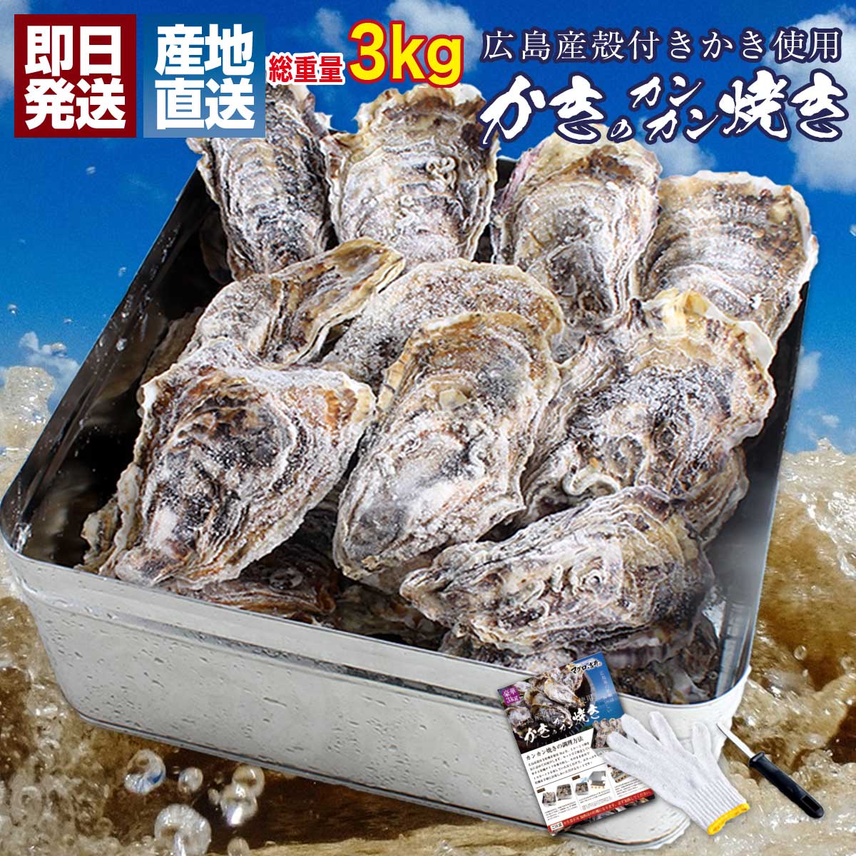 【15時までのご注文で即日発送】海鮮 バーベキュー 牡蠣 カンカン焼き セット 広島県産 冷凍 殻付き カキ Lサイズ～LLサイズ 総重量3kg 100g以上 BBQ 貝類 キャンプ 食材 3〜4人前 【片手用軍手・ナイフ・調理説明書付き】 おつまみ かんかん焼き ガンガン焼き 缶