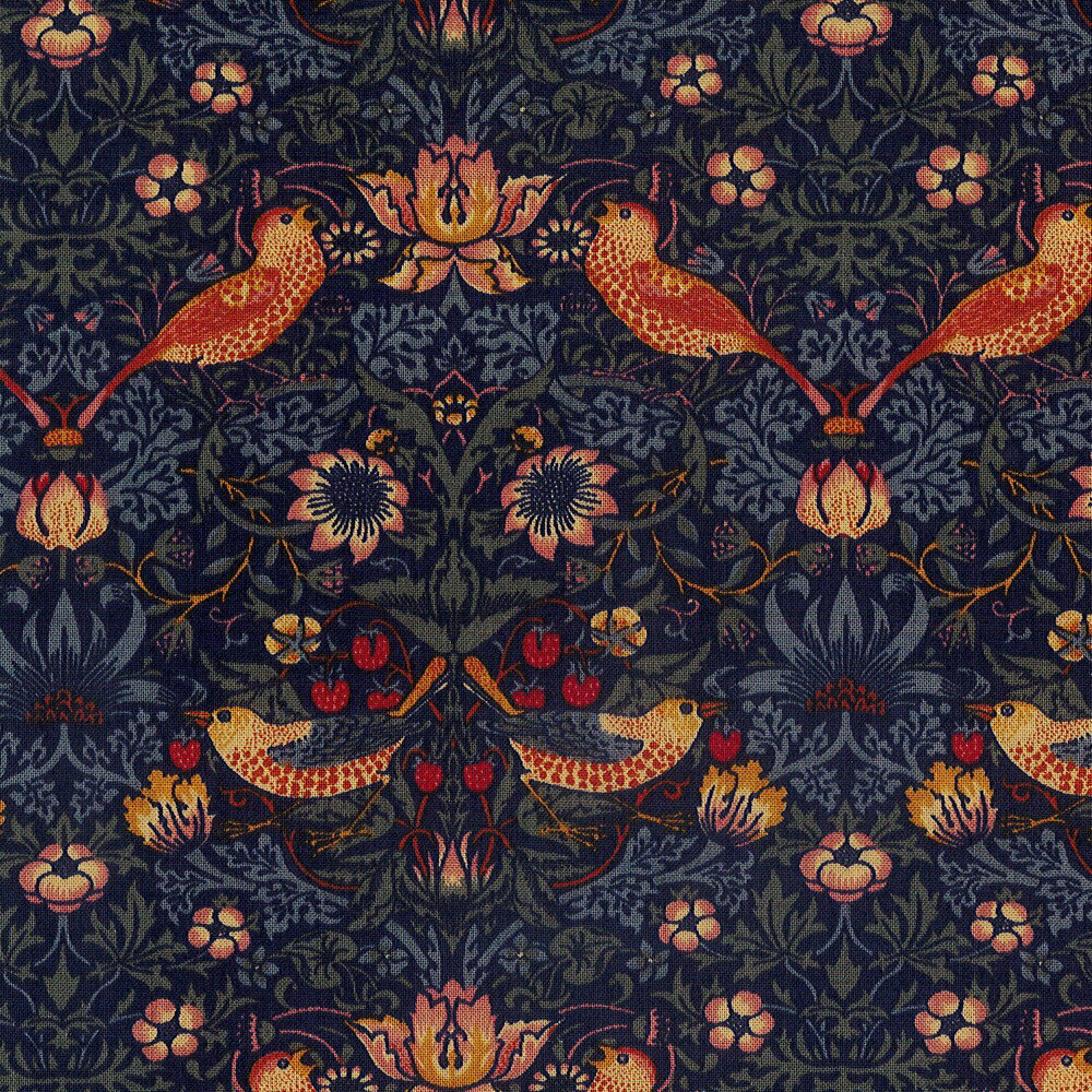 moda fabrics(モダ・ファブリックス)William Morris ウィリアムモリス シーチング生地＜STRAWBERRY THIEF 1883＞（ストロベリーシーフ）INDIGOインディゴ 33490-20