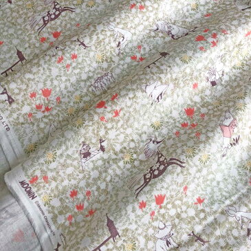 【1mカットクロス】ムーミン MOOMIN×河東梨香 (tona) 『わた花』 ダブルガーゼ生地 グリーン・レッド・ライトグレー(キャラクター・入園入学通園通学・布マスク)G-1003