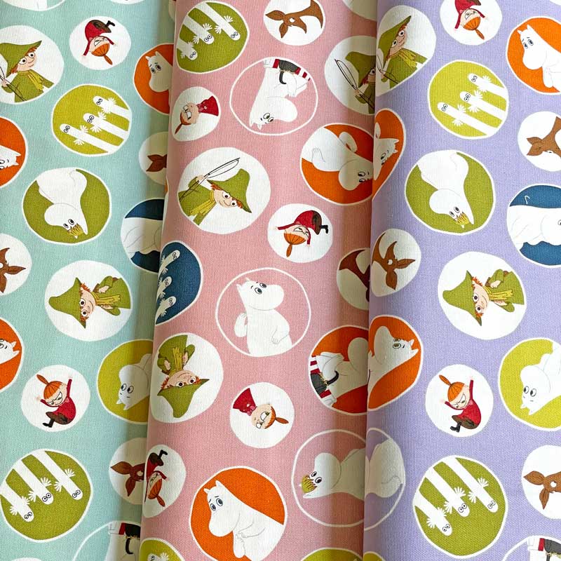 ムーミンアニメーション 大玉柄 オックス生地 ブルーグリーン/ピンク/パープル (MOOMIN キャラクター ..