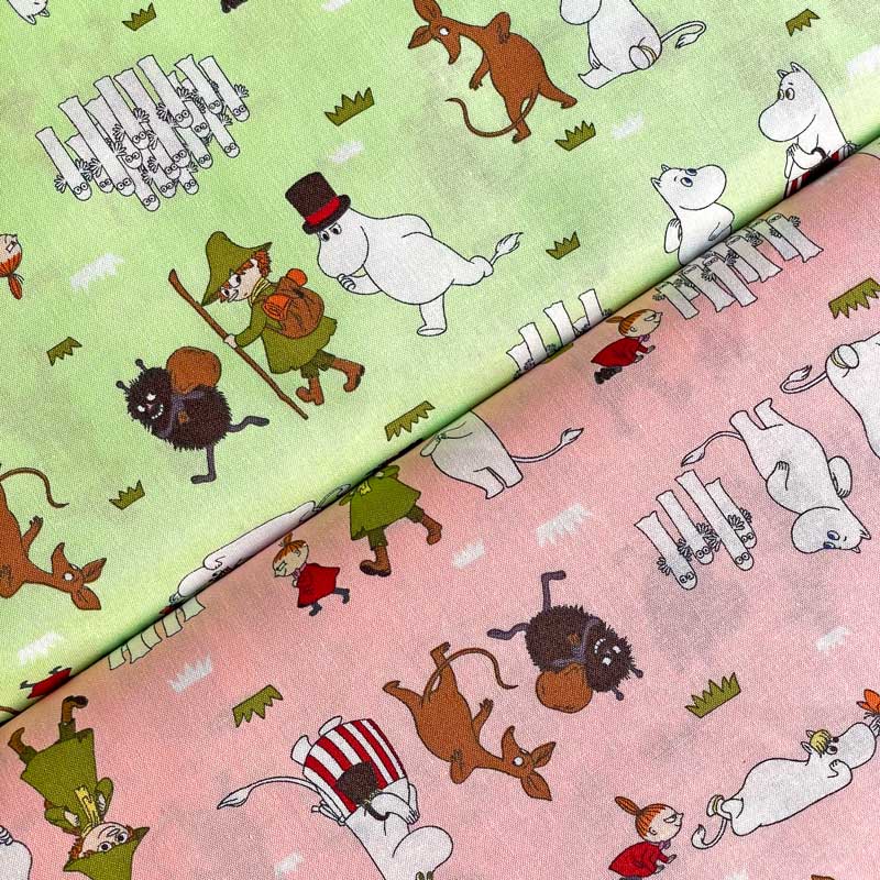 ムーミンアニメーション　散歩柄 シーチング生地 グリーン/ピンク(ムーミン谷のなかまたち MOOMIN・キ..