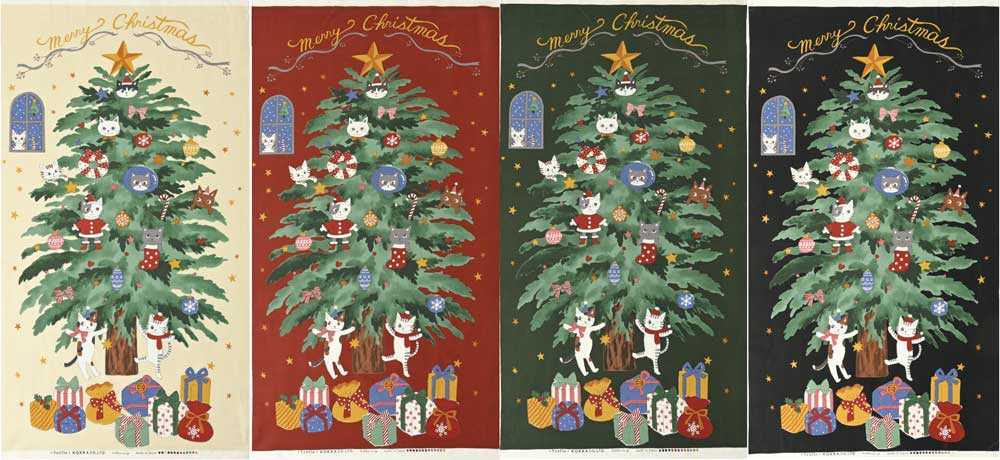 クリスマスタペストリー クリスマスツリーねこ柄 シーチング生地 ベージュ/ワインレッド/グリーン/ブラックYKA-16030-1※1パネル(縦約110cm×横約60cm)単位での販売です。
