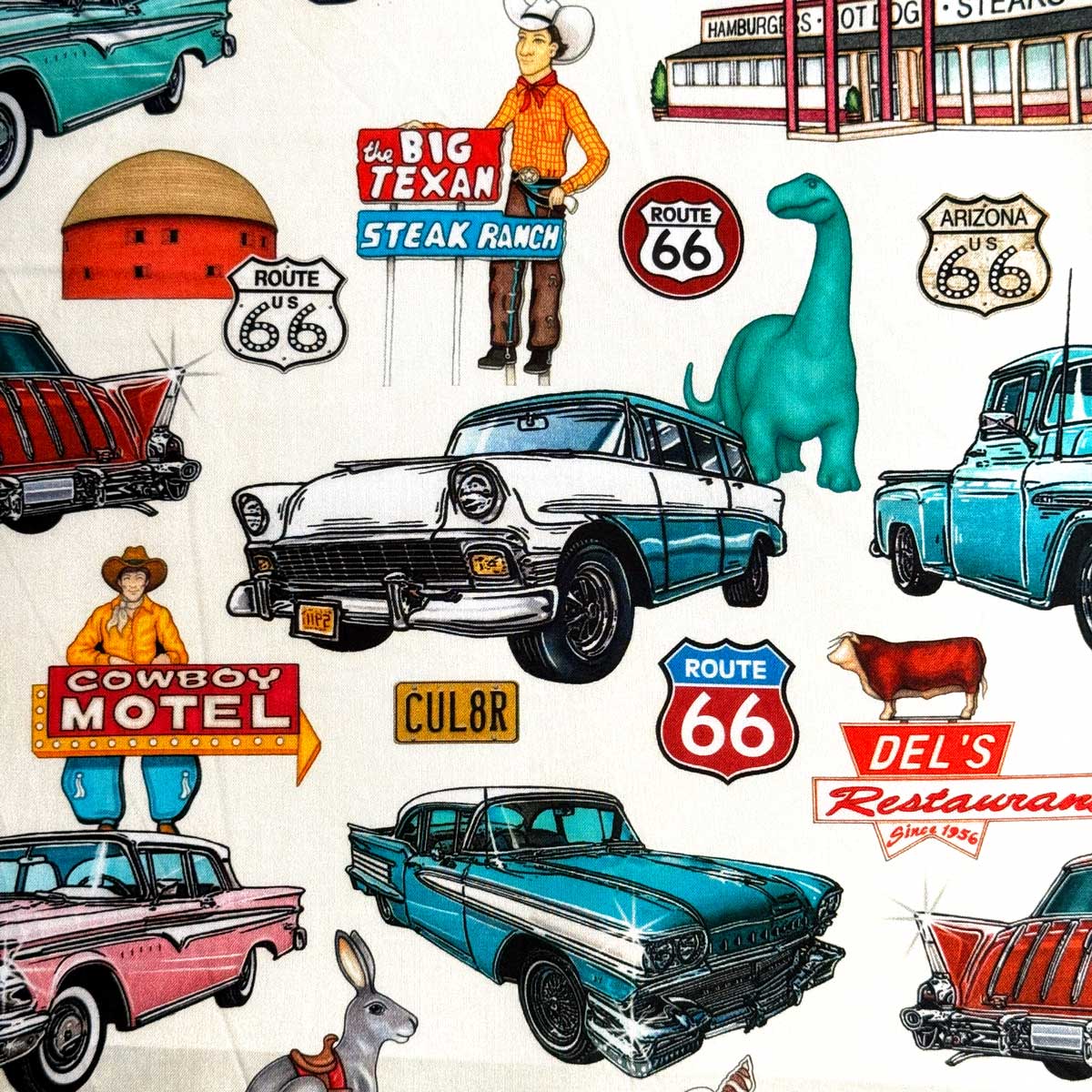 樂天商城 - USAコットン Route 66 Classic Cars And Icons(ルート66クラシックカー)クリーム 西海岸カリフォルニア ロサンゼルス シーチング生地 QT Fabrics(QTファブリックス)31668-E