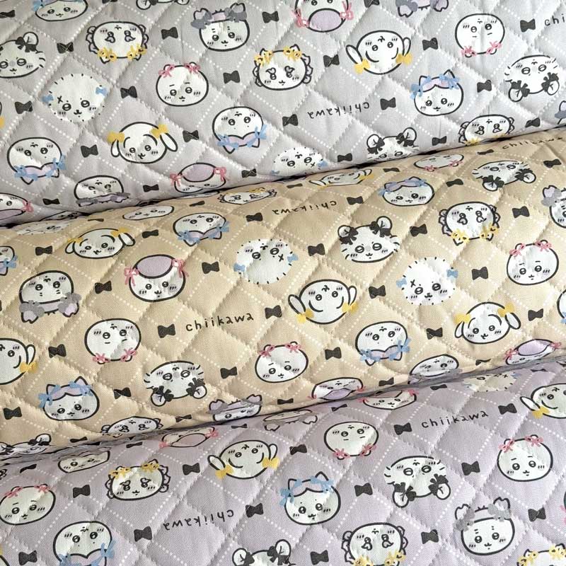 ちいかわ リボン柄 オックスキルティング生地 グレー/ベージュ/パープル(キャラクター・入園入学通園通学)GQ-2577