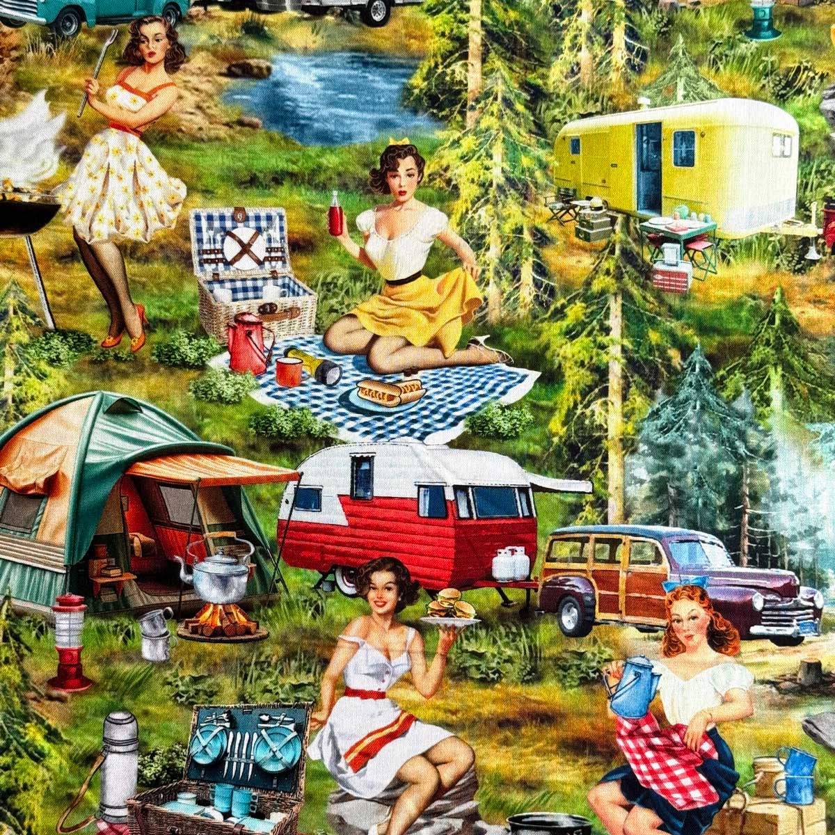乐天商城 - USAコットン Girls Gone Camping(1950年代風のヴィンテージなキャンプ風景)女子キャンプ シーチング生地 マルチカラー Michael Miller(マイケルミラー)DCX12759-MULTI