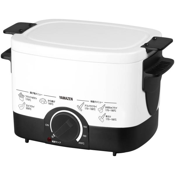 YAC-M121(W) : 山善(YAMAZEN)◎1枚目の商品画像はサンプル画像です。実際に届く商品と異なります。◎当社運営の複数のショッピングサイトでも同時掲載されております為、ご注文の段階でタイミングによっては在庫がない場合もございます。 こちらは付属品完備の商品となります。（外箱は無し） 細かなスレはございますが全体的にはキレイな状態です。 【揚げ物を楽しむ】自宅で簡単においしい揚げ物が作れる電気フライヤー「揚げ物の達人」。テーブルの上で揚げたてのサクッとフライや串カツ、天ぷらが楽しめます。 【充実した付属品】フライドポテトや唐揚げを揚げる際に役立つ「バスケット」。串揚げが鍋の中に落ちないように串を引っかけられる「串ホルダー」。火傷防止につながる鍋フチに取り付ける「保護カバー」など様々な便利アイテムが付属しています。 【温度調節】約160~200℃で油温が設定できる温度調節。調理する食材に合わせた温度設定ができるので、サクッとおいしい揚げ物が出来上がります。※取扱説明書7ページに調理温度の目安を記載しております。 【お手入れ】 ※沖縄・離島へのお届けの場合、別途送料が発生する可能性がございますので、事前にご連絡ください。