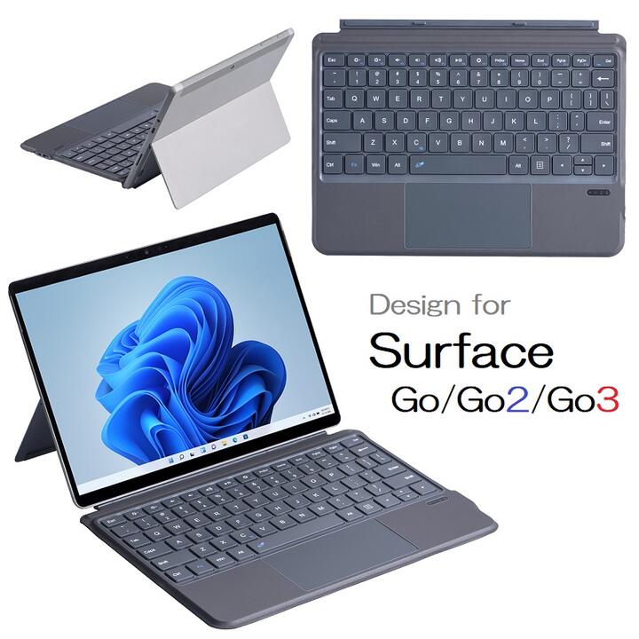 2087A US配列 Microsoft Surface Go /Go2 /Go3 /Go 4通用 Bluetooth ワイヤレス キーボード 電源スイッチ切替 ブルートゥース 無線 超軽量 薄型 手帳型 脱着式 電池内蔵 一体型 タッチパッド ブラック(グレー)