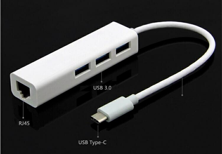送料無料 USB3.0 Type C to 3ポート USB3.0 ハブ付 イーサネット ギガビット 有線 LAN アダプタ/USB3.0 TYPE C to 3Port USB3.0 HUB＋RJ45 Ethernet LAN Adapter For MacBook 12inch ChromeBook Pixel