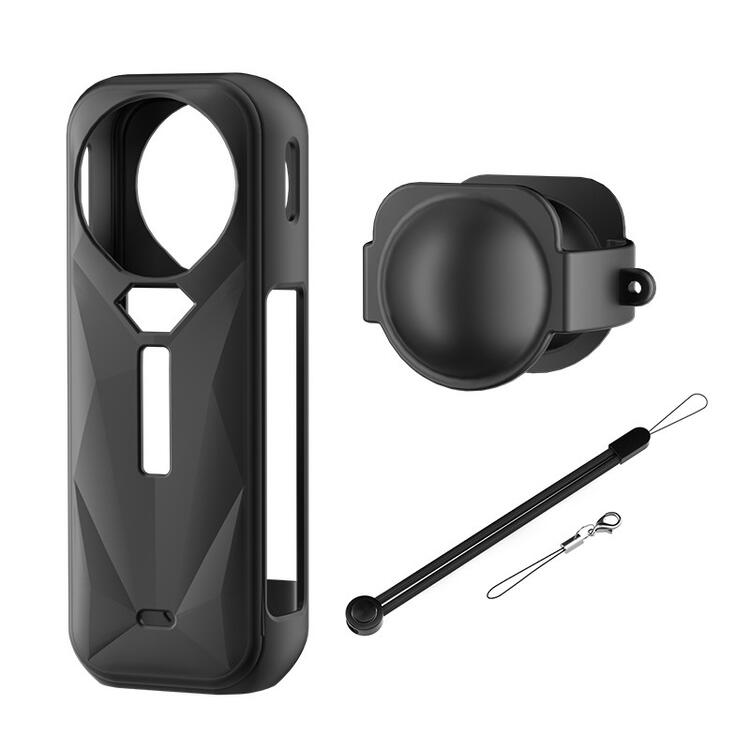楽天mahsalinkInsta360 X5用 シリコン 保護ケース ストラップ付 アクションカメラアクセサリー 保護ケース カメラレンズ保護カバー付き ブラック