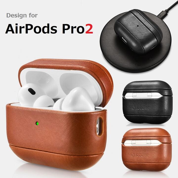 iCARER アップル AirPods Pro 2（第2世代）選択 本革 ビンテージレザー 保護ケース 充電可能 携帯便利 インジケータ LED指示灯 孔ありエアポッズ プロ2ケース（ブラック ブラウン）2色選択