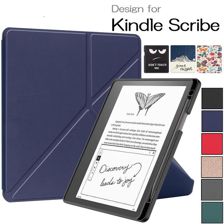 Kindle Scribe 10.2インチ専用 PU TPU 保護ケース TPU バックカバー 電子書籍 耐衝撃 手帳型 オートスリープ機能 トランスフォーマー スタンド ペンシルホルダー付 (ブラック グレー ネイビー ダークグリーン レッド ローズゴールド ネコ柄 蝶柄 顔柄) 6色選択