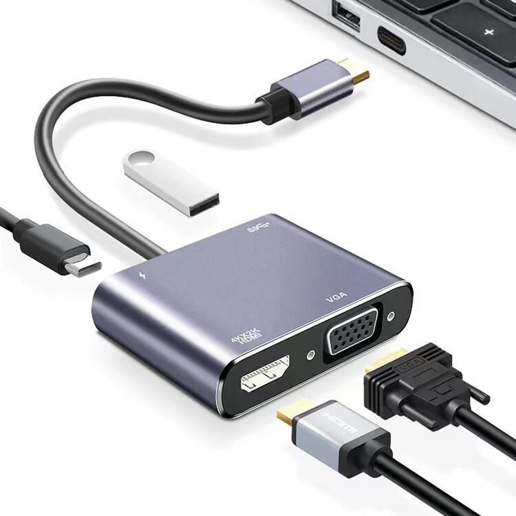 USB C-HDMI/VGA/USB3.0/PD Max 85W 4in1 変換アダプタ 4K2K フルHD 2160P対応 HDMI音声サポート オスー..