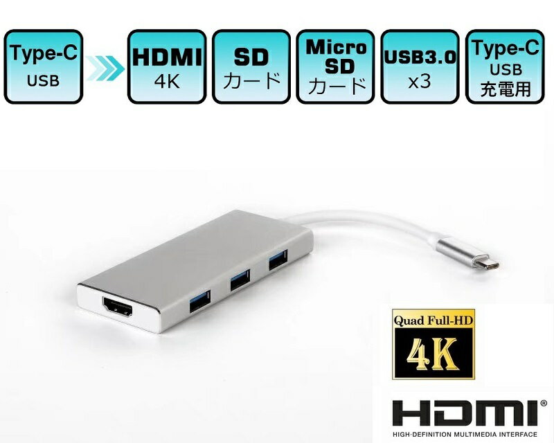 USB-C to HDMI 7in1 変換アダプタ カードリーダー&USB3.0×3 ハブ&HDMI&Cメス給電ポート付 HDMI 4K2映像、音声出力対…