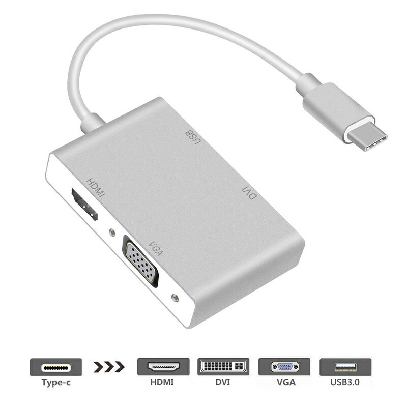 USB C-HDMI/DVI/VGA/USB3.0 4in1 変換アダプタ フルHD 1080P対応 HDMI音声サポート オスーメス 20cm USB　3.1 Type C to HDMI/VGA(ミニ D-Sub 15ピン)/DVI(24+1ピン) コンバータ for MacBook 12inch Pro 13インチ&15インチ ChromeBook Pixel (※ WINDOWS PC条件付き)