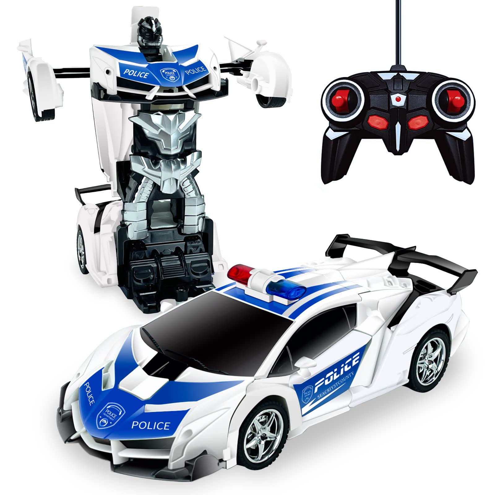 楽天MAHYTcvents ラジコンカー 変形 ロボット 車おもちゃ スタントカー ロボットに変身できる LED搭載 360度回転 こども向け 子供おもちゃ 誕生日 クリスマス プレゼント （パトカー ブルー）