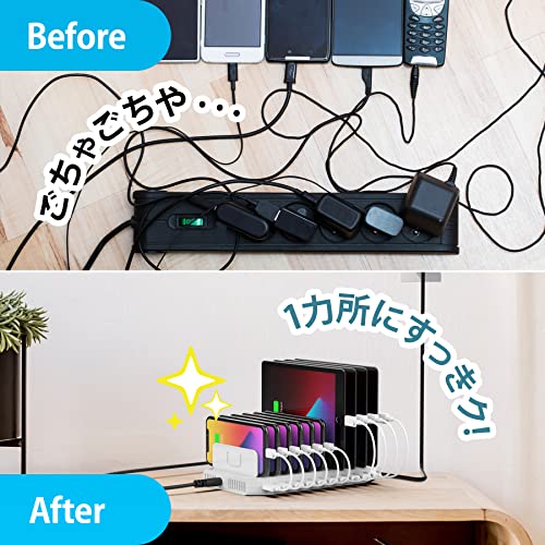 Unitek 2024電源 USB充電ステーション 10ポート QC3.0卓上充電スタンド PSE認証済 10台同時充電 1.5A/2.4A スマートIC搭載 複数台対応 Android/iPhone/iPad/kindle/タブレット/PSP 仕切り板 間隔調整可能 収納便利 卓上 ホワイト