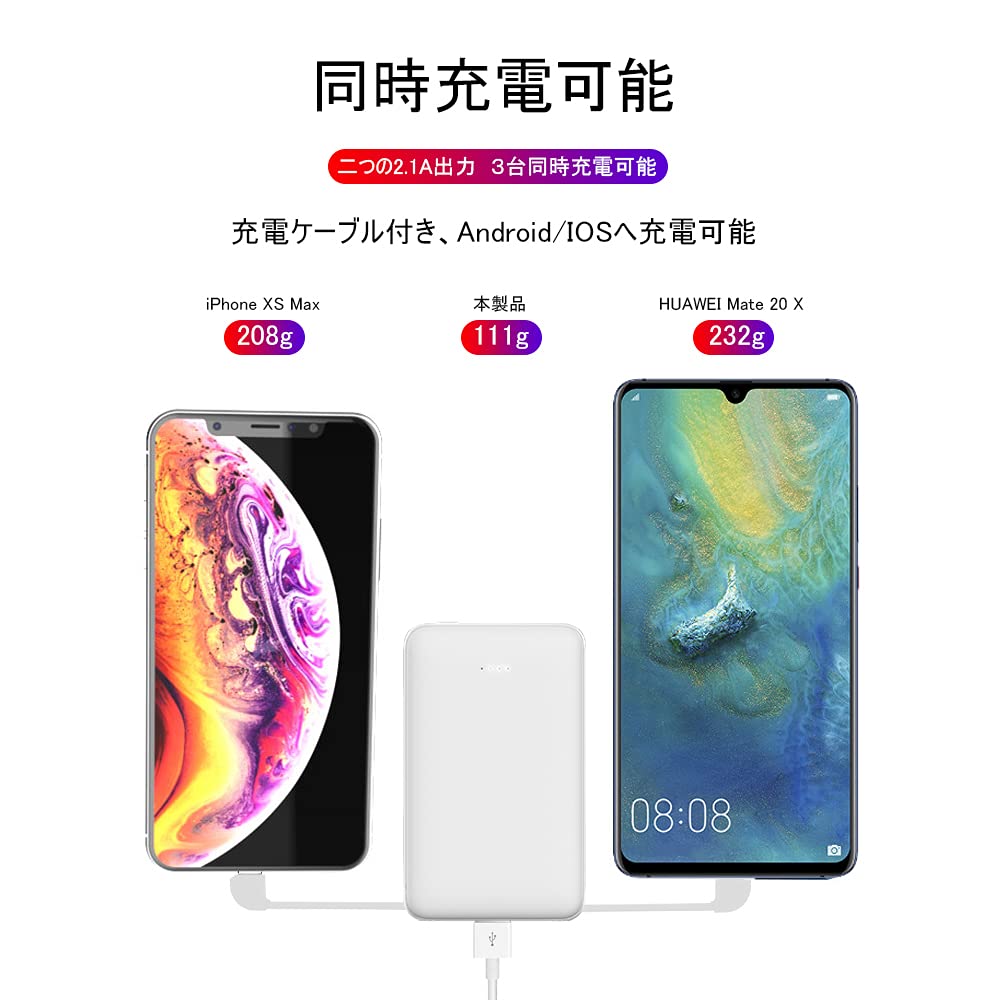 明誠 モバイルバッテリー 【世界最小最軽】6800mAh 大容量 超小型 ケーブル内蔵型 急速充電【PSE認証済】全機種対応ミニ型 USB2ポート楽々収納超薄型 軽量 携帯充電器 コンパクトスマホ充電器【安心のPL保険商品】 (ホワイト)