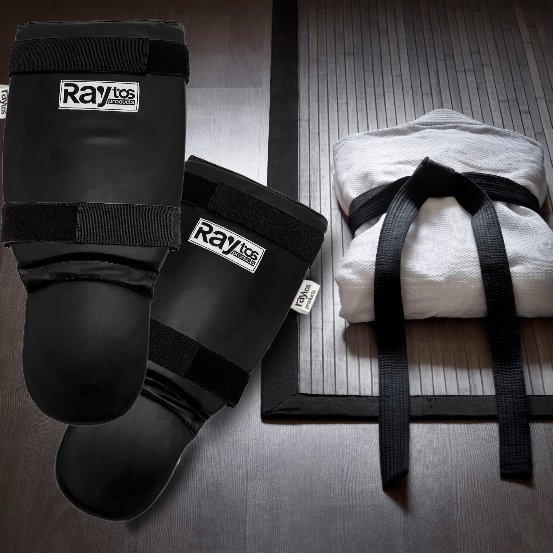 Raytos ベーシックレッグガード レガース キックボクシング 足サポーター キックボクシング レッグガード すね当て 3cm厚手インナー 衝撃吸収 格闘技 空手 防具 プロテクター (黒白)