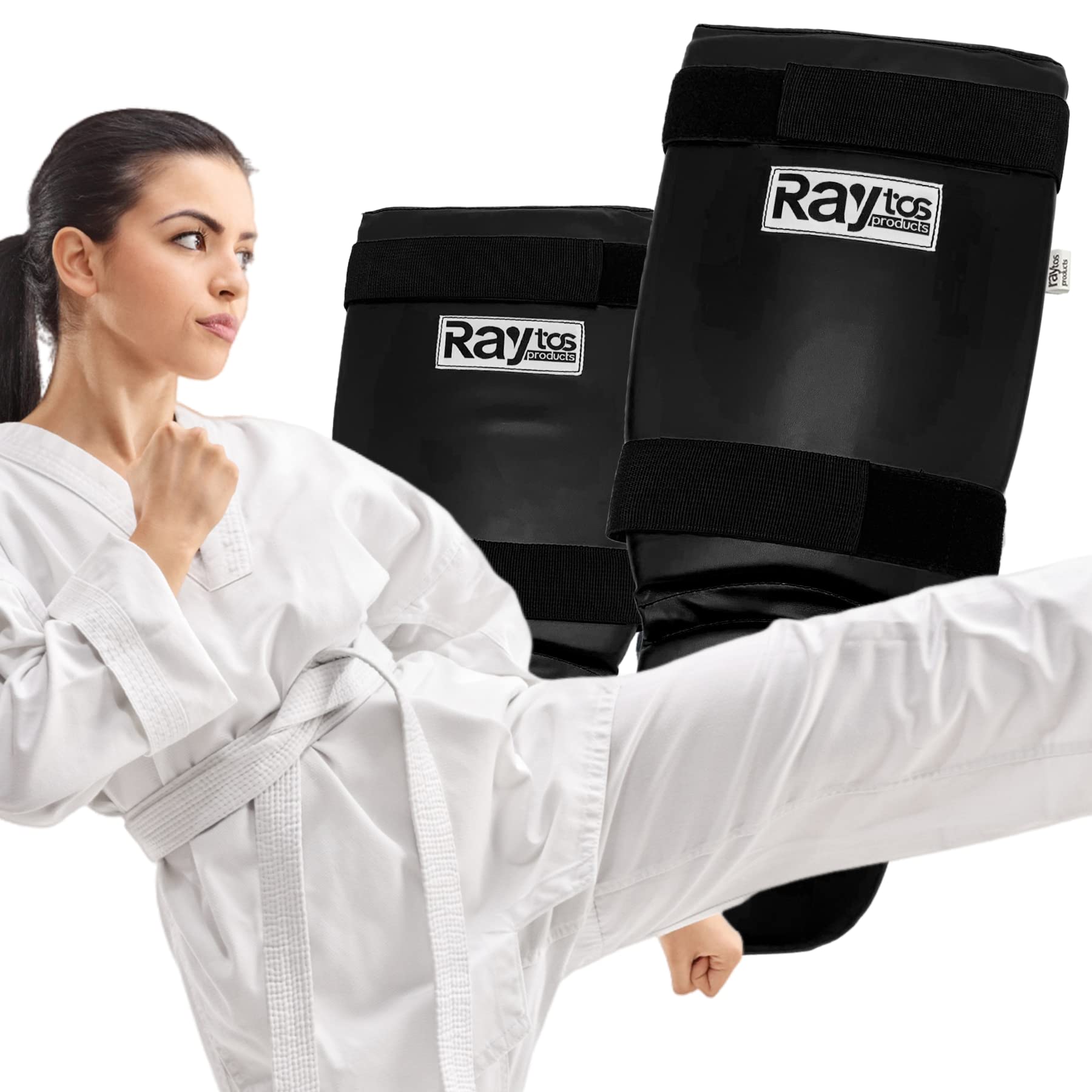 Raytos ベーシックレッグガード レガース キックボクシング 足サポーター キックボクシング レッグガード すね当て 3cm厚手インナー 衝撃吸収 格闘技 空手 防具 プロテクター (黒白)