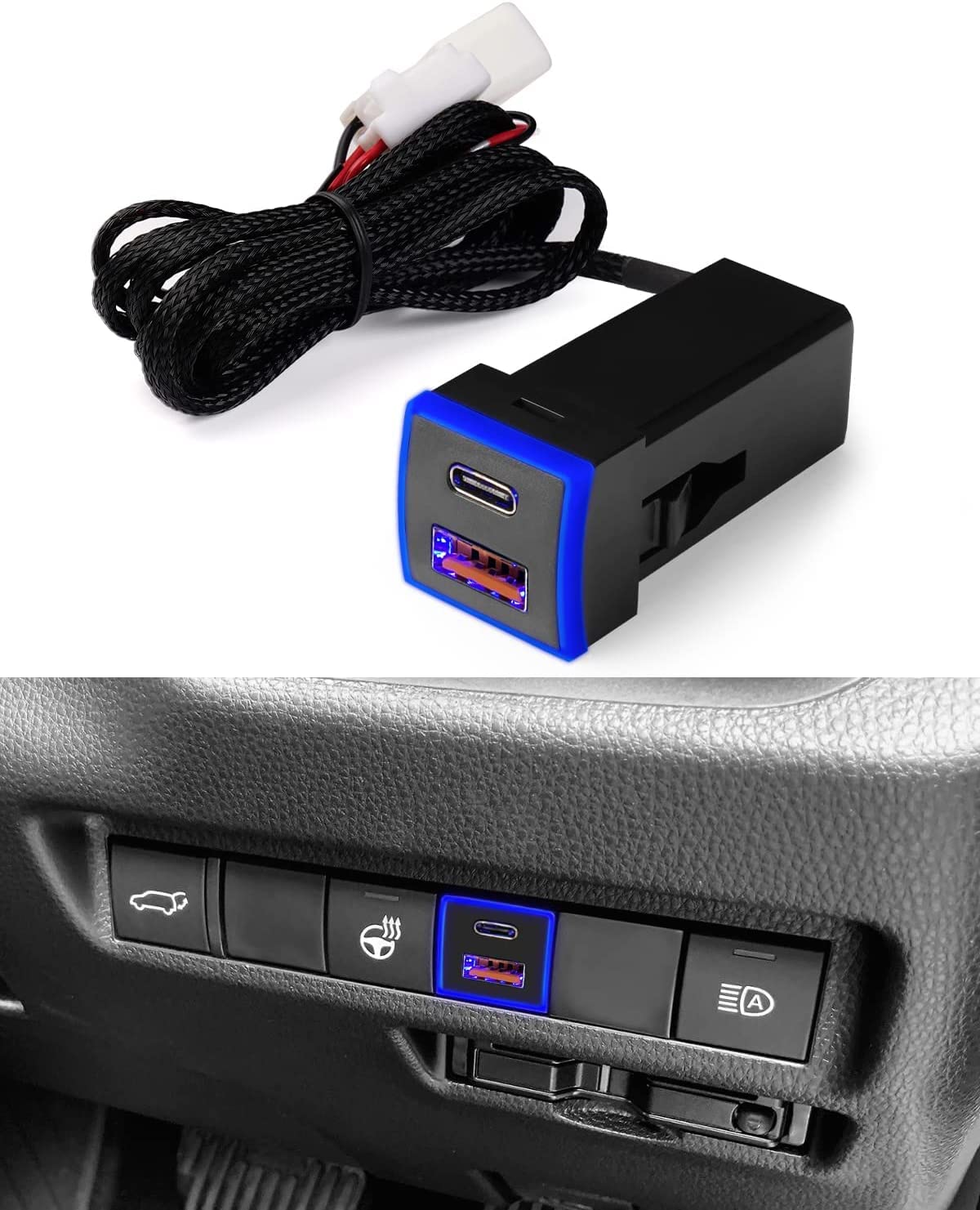 楽天MAHYJiooy トヨタ usbポート qc3.0+pd type-c ノア・ヴォクシー90系 車載 ライズ usb 増設 RAV4 充電ポート ハリアー80系 ランドクルーザープラド 150系 後期 カローラ ヤリスクロス ダイハツ タント ロッキー デュアルUSBポート ledライト付き カプラーオン 取り付け簡単（ブ