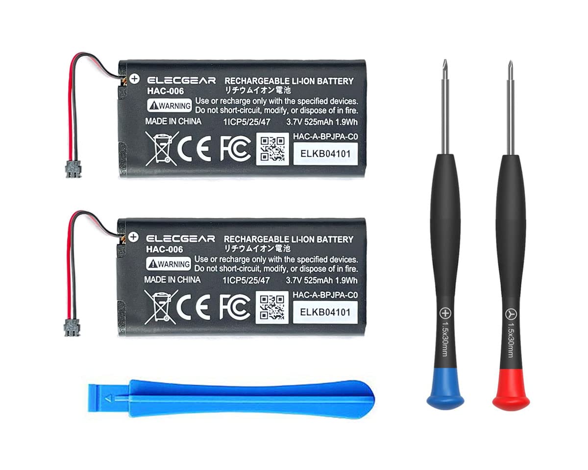 商品情報商品の説明説明 2 packs of replacement battery compatible with Nintendo Switch Joy-Con controllers. Model: HAC-006, 3.7V, 525mAh, 1.9Wh. Compatible with both the left and right Joy Con controllers. Repair tool kit included Identify the Battery Problem: 1. The internal battery needs to be replaced when the charging process finished in fewer hours than before, or the gaming hours gradually shorten even if it was fully charged 2. ?Replacing the battery won't fix a controller that doesn't charge, doesn't power on, or drains the energy while not in use Specifications: Model: ?HAC-006 Part Num.: HAC-A-BPJPA-C0 Compatible Devices: Joy-Con HAC-015 and HAC-016 Interchangeable Part Num.: HAC-A-BPJPA-C0, HAC-A-BPJMX-C0, HAC-A-BPJMX-C1 and more Battery Type: Lithium Ion Rechargeable Standard Volt: 3.7V Capacity: 525mAh, 1.9Wh Weight: 12gram Dimension: 51x24x4.8mm Packaging: 2*Joycon Battery Pack (HAC-006) 1*Y00 Tri-wing Screwdriver 1*PH000 Screwdriver 1*Plastic Opening Pry Tool主な仕様 【HAC-006 Joy Con電池】− OEM交換用リチウムイオンバッテリーの2パックはSwitch Joy-Conコントローラー用です。モデル：HAC-006、3.7V、525mAh、1.9Wh。左右両方のJoyconコントローラーに適合：HAC-015 HAC-A-JCL-CxおよびHAC-016 HAC-A-JCR-Cx。部品番号と交換可能：HAC-A-BPJPA-C0、HAC-A-BPJMX-C0、HAC-A-BPJMX-C1など。修理ツールキットが含まれていますbr【交換時期】− 充電が以前よりも短い時間で終了した場合、または完全に充電されていてもゲーム時間が徐々に短くなった場合は、内蔵バッテリーを交換する必要があります。 （?注意：バッテリーを交換しても、使用していないときに充電されない、電源が入らない、またはエネルギーが消耗するという問題は解決されません。）br【交換のリマインダー】− Y型ドライバーと開口部のこじり工具でコントローラーを分解します。 新しいバッテリーパックを問題のあるものと交換します。 背面カバーをねじ込む前に、新しいバッテリーが機能することを確認してください。 （?注意：付属のクロスドライバーは、この操作を目的としたものではありません。ゲーム機を分解するためにいつか必要になる可能性があるため、付属しています。）br【パッケージの内容】− 2 *?HAC-006交換用Joy-Conコントローラー用のバッテリーパック。1 * Y00トライウィングドライバー。1 * PH000プラスドライバー。1 *プラスチック製オープニングレバー