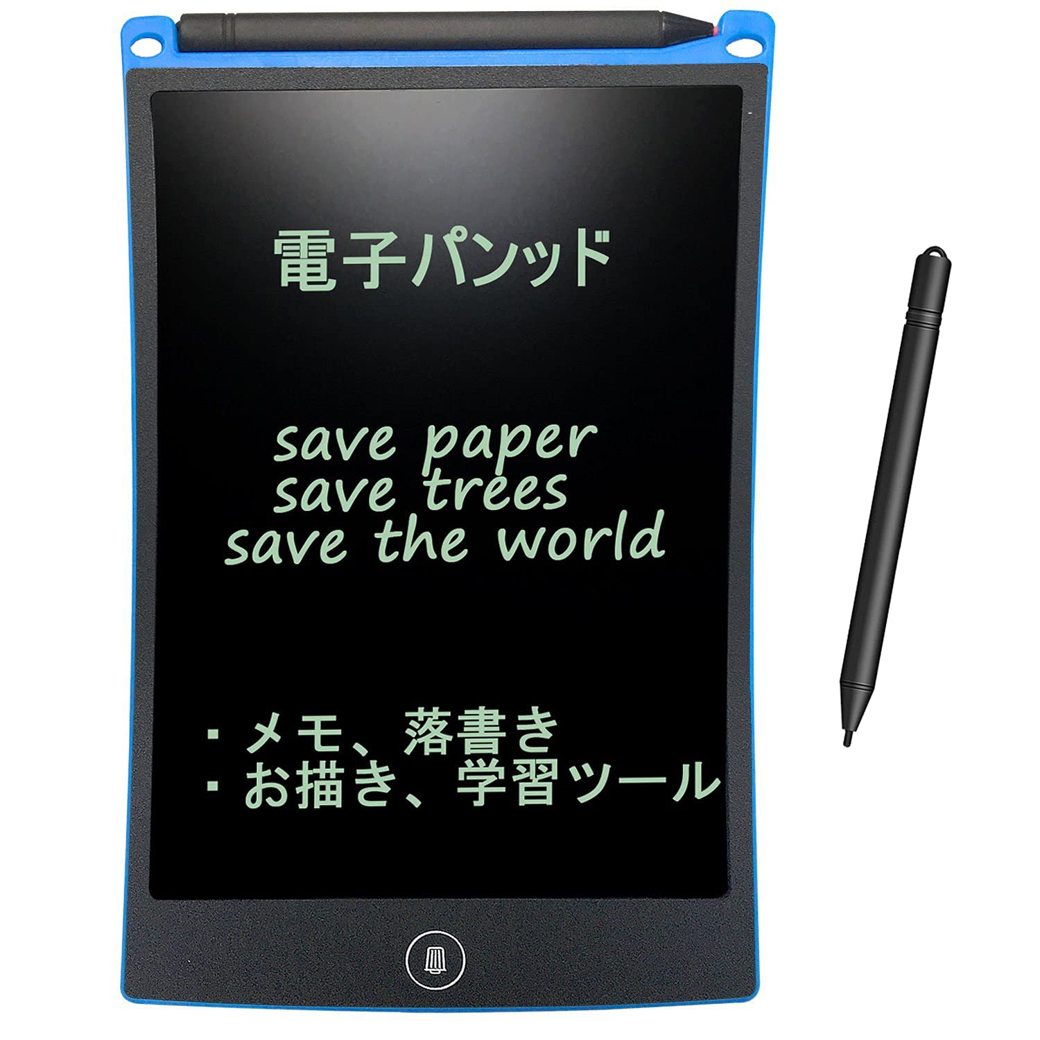 商品情報商品の説明brbr コイン型リチウム電池1個で1年間約5万回の消去が可能です。br 画面サイズ:8.5インチ(181×125mm)br 商品サイズ：W146×D4.5×H221mm 重量:約110gbr 感圧式液晶を採用し、まるで紙に文字を書くような、なめらかな書きごこちを実現。br 軽くて薄くて持ち運びにも便利な、新感覚の電子メモパッドです。br 「書く」「消す」をもっと手軽に。br ビジネスでプライベートで、ブギーボードはさまざまなシーンで活躍します。br 【見やすい液晶】br 液晶コントラスト比が従来比50%アップでクッキリ! ※従来品比較br 【「erase」ボタン】br ワンタッチで画面の消去が可能です。br ※画面はボタンを押すまで保持されます。br 【スタンド機能】br 付属のスタイラスを差し込めばスタンドとしても使用できます。主な仕様 HOMESTEC 電子メモ 電子パッド ロック機能搭載 ストラップ付き 8.5インチ スマートート 手書きパッド デジタルメモ LCD画板 電子メモ帳 手書き 落書き 筆談 お絵かき デジタルペーパー 計算 単語帳