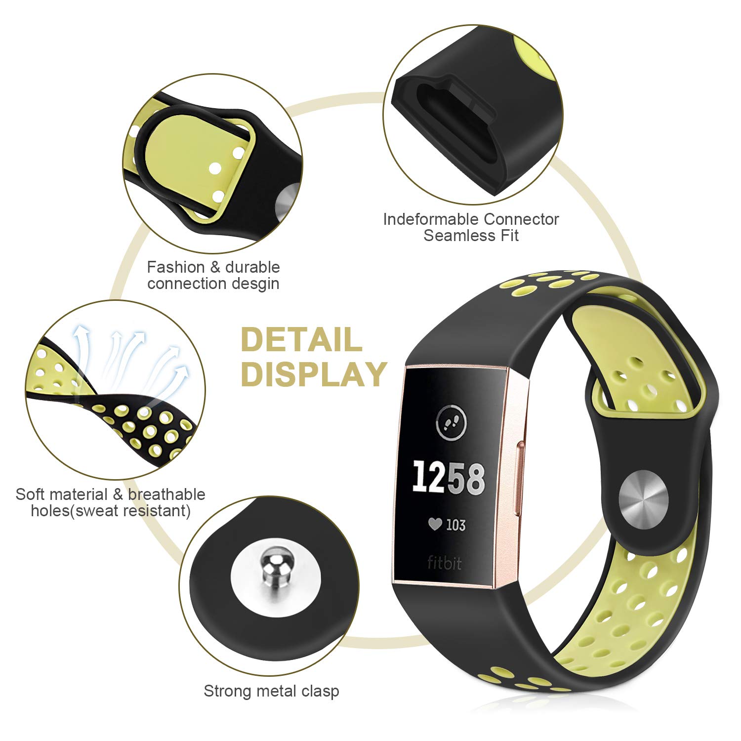 for Fitbit Charge 4/ Fitbit Charge 3 バンド/ベルト交換用バンド 柔らかいシリコンバンド 調整可能 多色選択 スポーツ 交換ベルド (ブラックイエロー)
