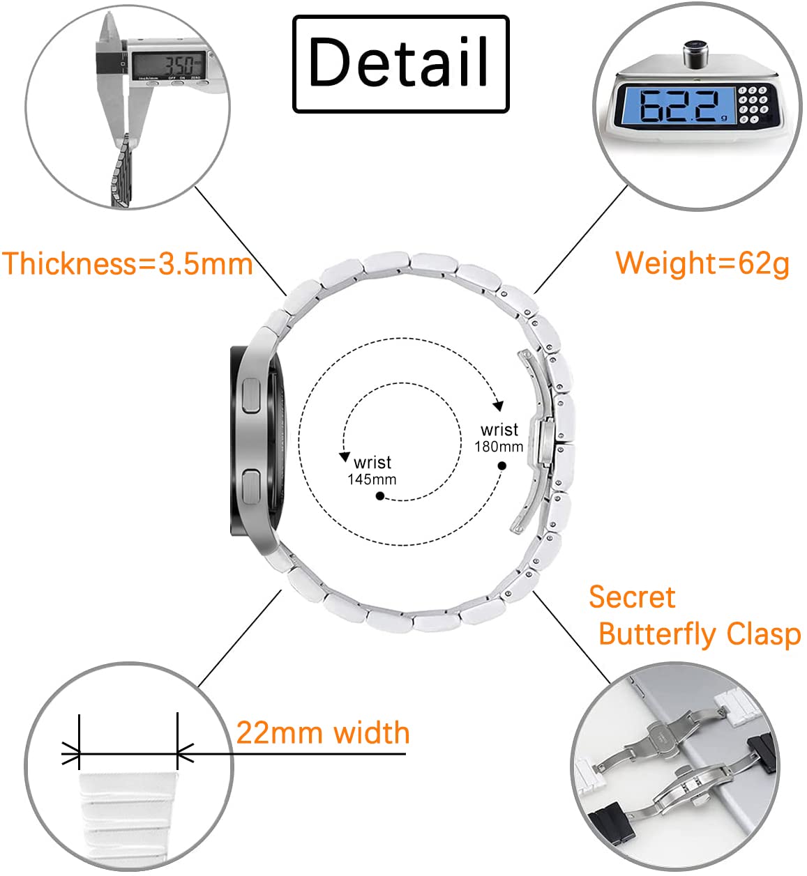 MaKTech サムスン時計6/5/4用セラミックバンド、ワンピーススリム20mmリンクブレスレットストラップ、Samsung Galaxy Watch 6 43/47/40/44mm,Galaxy Watch 5/4,Huawei GT 4/3-41/42mm、Watch 3 41mmに対応 (ブラック)