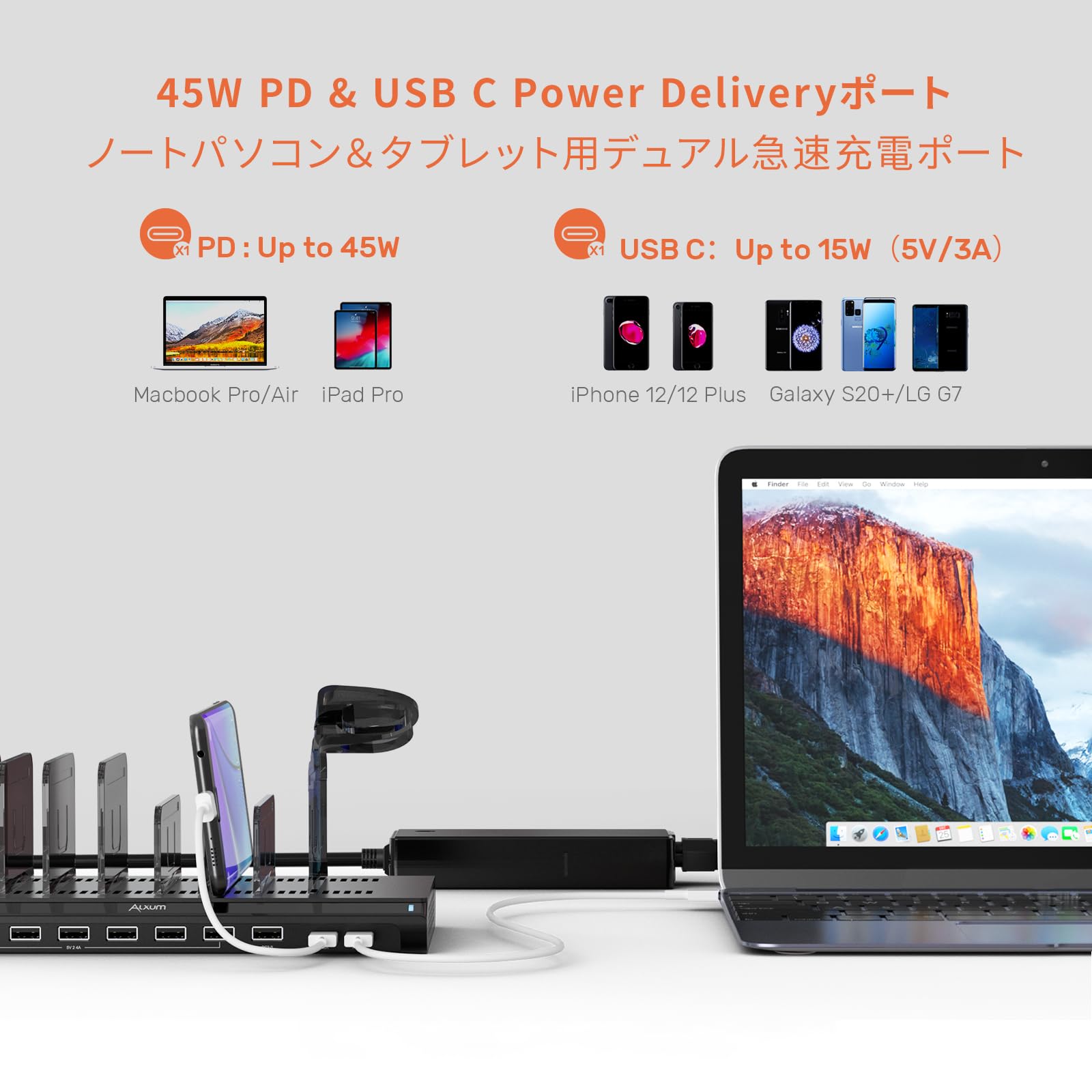 Alxum USB 充電ステーション 120W 10ポート IPad 充電スタンド 複数 QC3.0*1+USB C*1+PD 45W 急速充電 10台同時充電 PSE認証済 スマホ卓上収納 仕切り板調整可能 スマホ/タブレット対応 収納便利