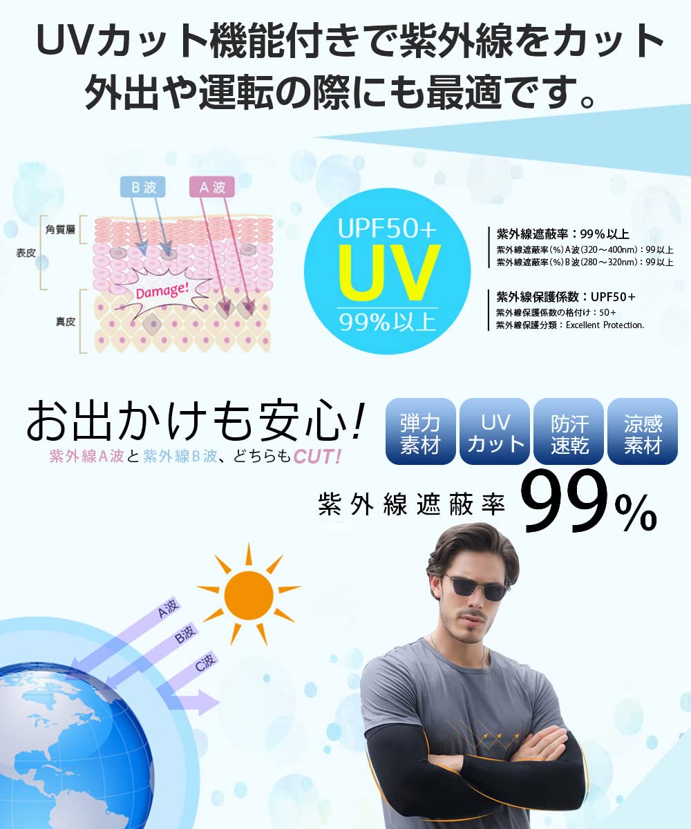 [MEPOKI] アームカバー メンズ 夏 UVカット 冷感 アームガード【UPF50+・UVカットカット率99%・ひんやり接触冷感】通気速乾 アームスリーブ 腕カバー 紫外線対策 日焼け防止 ズレない 滑り止め 運転 自転車 ゴルフアウトドア スポーツ (XL, ブラック)