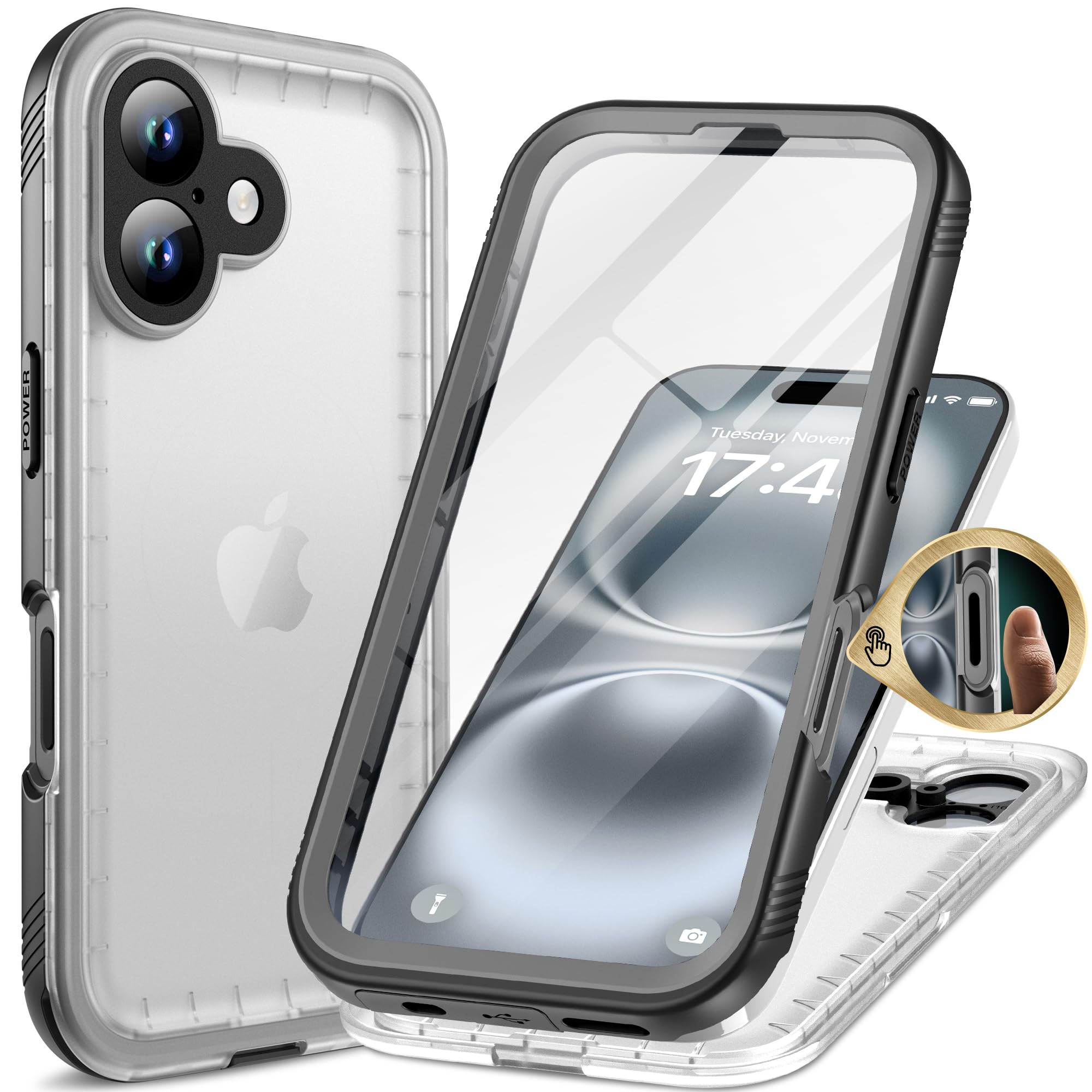 Cozycase iPhone 16 用 ケース - iPhone 16 用 防水ケース - 完全防水 透明 IP68 防塵 3M 耐衝撃 米軍MIL規格 ストラップ付き 360度 両面 全面 海 お風呂 水中撮影 iPhone16 用 ケース - 頑丈 黄変なし 耐久性 軽量 人気 ワイヤレス充電 アイホン16 用 ケース スマホカバ