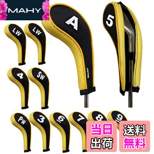 【送料無料】Andux 番手プリント ゴルフ アイアンカバー ファスナー付き ロングネック 12個/セット (ブラック+イエロー)