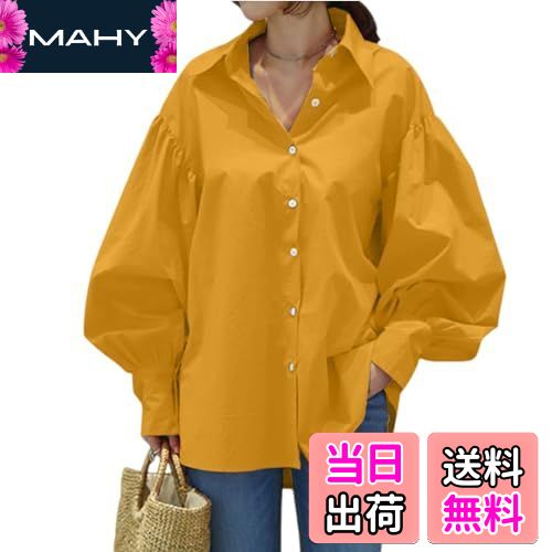 【送料無料】[HuuMeNEIDOO] ブラウス レディース 長袖 シャツ パフスリーブ ワイシャツ トップス 無地 薄手 ゆったり 体型カバー 大きいサイズ シンプル おしゃれ 着痩せ カジュアル 通勤 オフィス 春 夏 秋