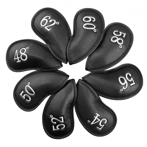 【送料無料】ゴルフアイアンカバー マジックテープ開閉 ゴルフヘッドカバー 高級合成皮革 軽量 耐摩耗 番号刺繍 ウェッジカバー ヘッド保護カバー 48°~62° GDX-028