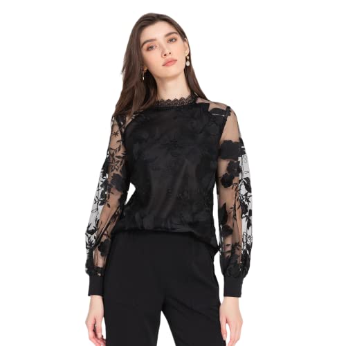 【送料無料】[VOZZA] ブラウス シャツ レディース レース シースルー 長袖 トップス 女性 刺繍 パフスリーブ ロングスリーブ 透け感 花柄 春 夏 秋 立て襟 バンドカラー 仕事 ビジネス オフィス 演奏会 パーティー シアー プルオーバー