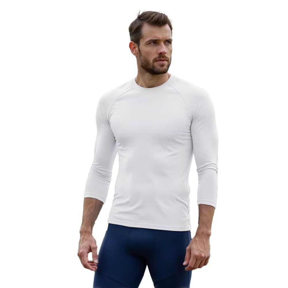 【送料無料】[Sillictor] オールシーズンインナー 7分袖 メンズ 丸首 コンプレッションウェア トップス [接触冷感 吸汗速乾 消臭 コンプレッション UVカット] 色：ホワイト、サイズ：3XL