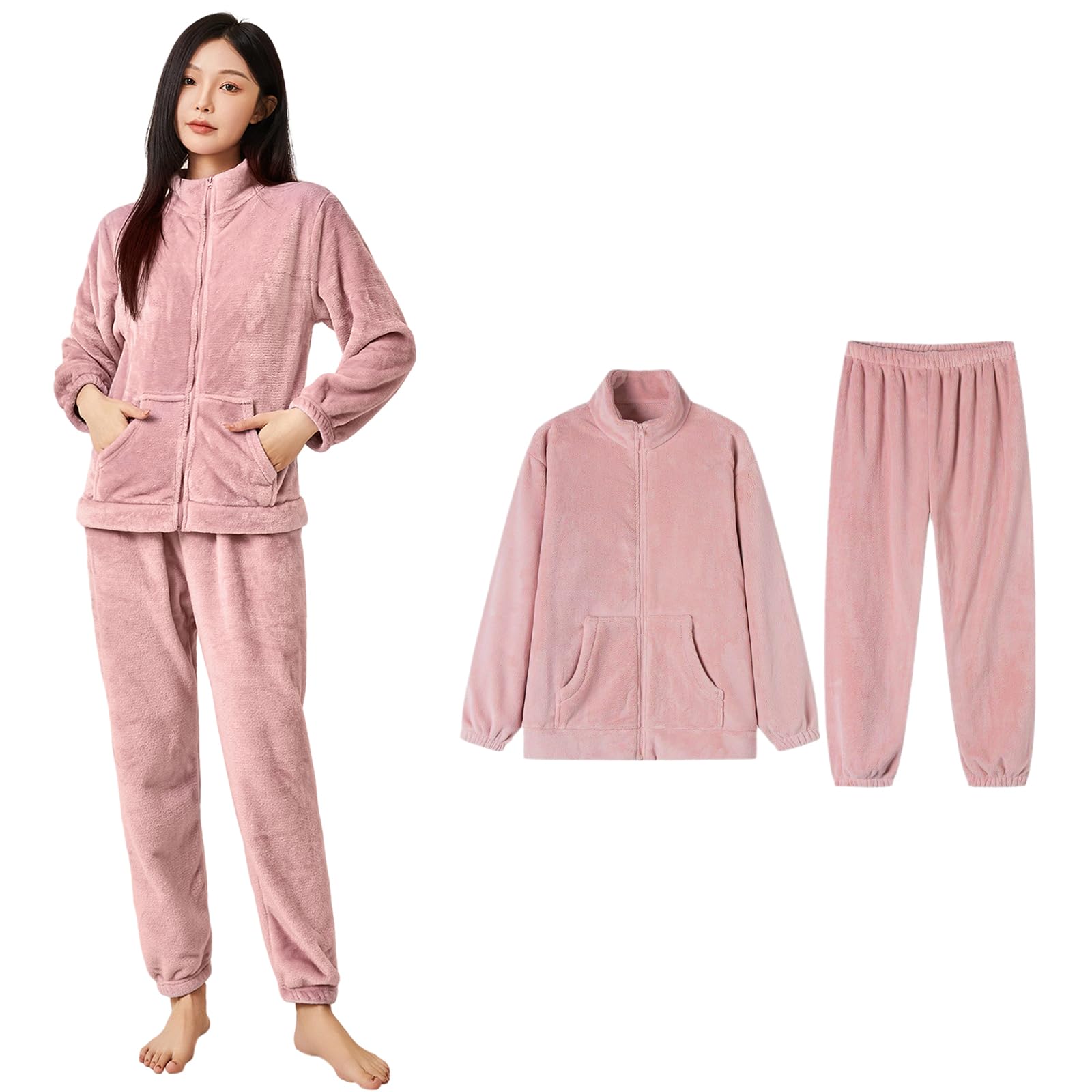 【送料無料】[Guooryvner] グオーリーブナー ルームウェア レディース パジャマ 長袖 秋 冬 部屋着 もこもこ 2点セット 可愛い 厚手 前開き 上下セット ハイネック ルーズ ワイドパンツ ポケット ジッパー 大きいサイズ ふわふわ 暖かい 色：ピンク、サイズ：Free Size