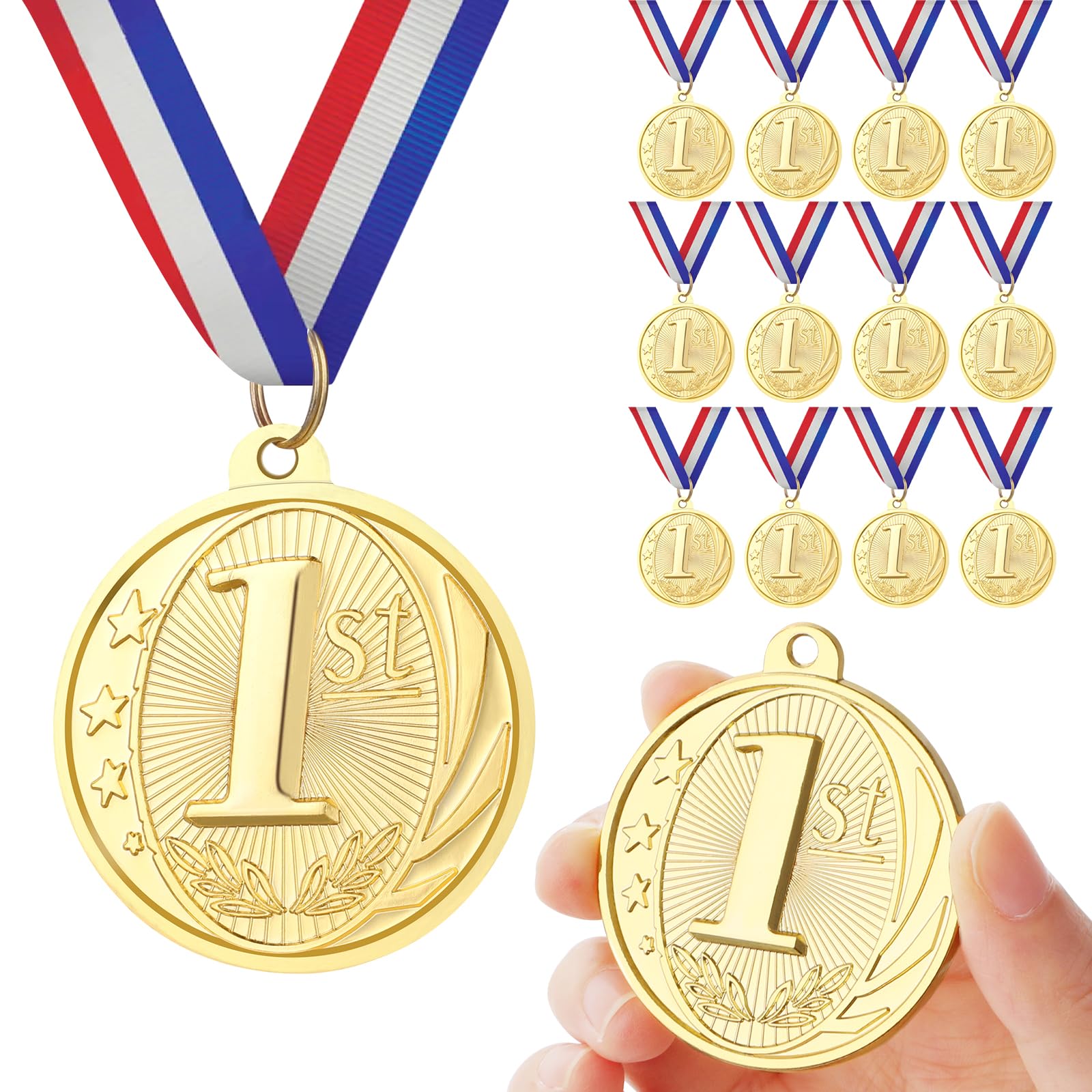 【送料無料】GeeRic 12枚 金メダル 銀メダル 銅メダル 金属製 ストラップ付き 優勝 表彰 運動会 ご褒美 会社 学校 スポーツ大会イベント 色：金、サイズ：redondo