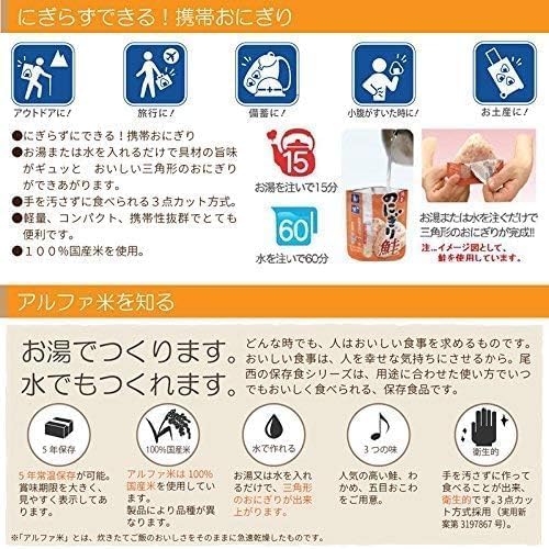 【送料無料】【 非常食・防災食・保存食 】1人分・1回分 コンパクトセット 尾西食品 携帯おにぎり109g3種類セット＆井村屋 チョコえいようかん 60gx5個セット うるち米 長期保存対応 お湯・お水でできる 手軽にカロリー補給 mahy1-10189748 MAHY サンプル画像2