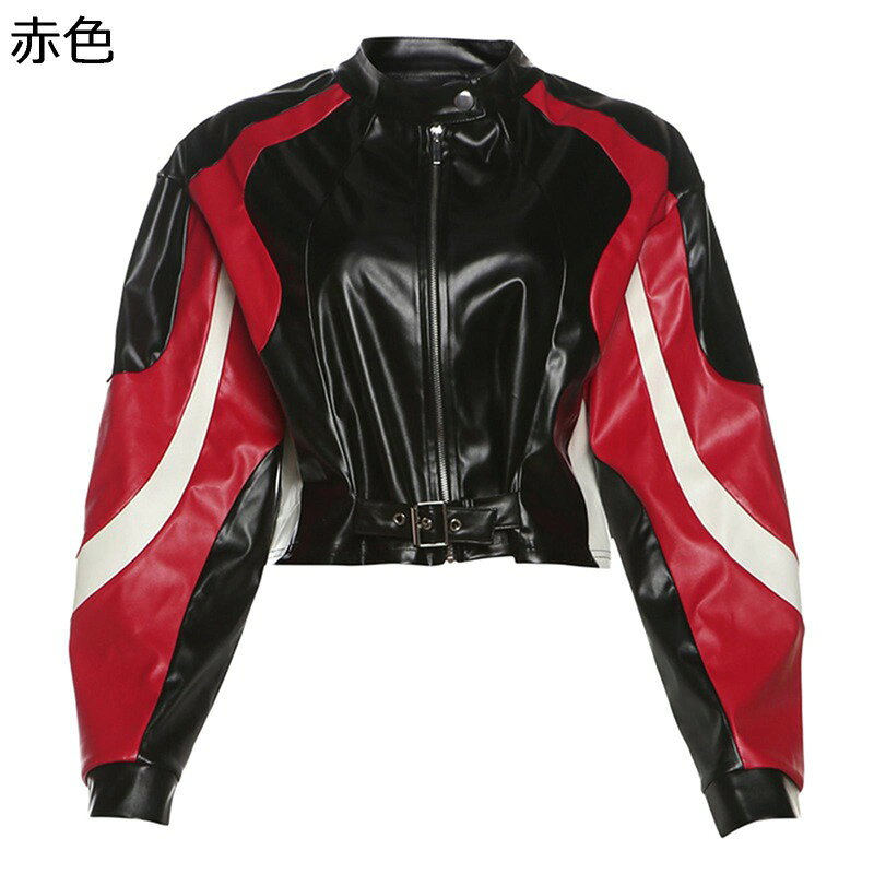 Rakuten - ライダースジャケット レディース PUジャケット 丸襟 スプライス ファッション 個性 ショート丈 長袖 欧米風 スリム 着痩せ プルオン モトジャケット 街着 お出掛け バイク用 春秋