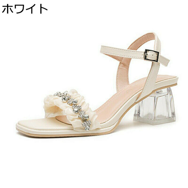 サンダル レディース スクエアトゥ クリア チャンキーヒール オープントゥ フリル 5cmヒール リボン 夏 トエレガント 防滑 カジュアル アンクルストラップ 履きやすい 通勤通学 散歩 デート