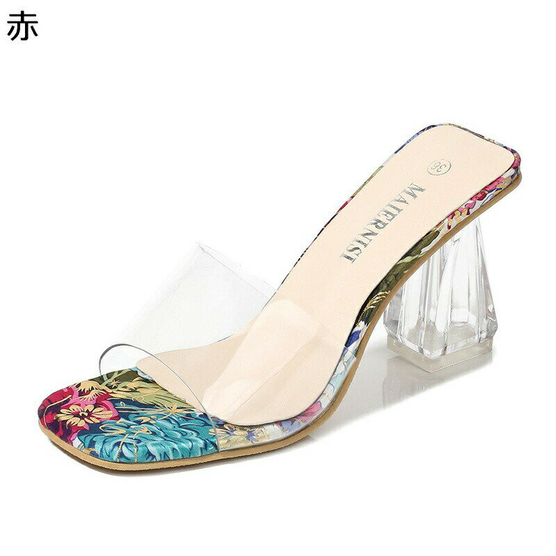 ミュール 透明サンダル レディース 花柄 ハイヒール クリアヒール スクエアトゥ 大きいサイズ 夏靴 春靴 走れる おしゃれ キレイめ 潮流 女性 美脚 キレイめ 美脚 日常着用 通勤 オフィス
