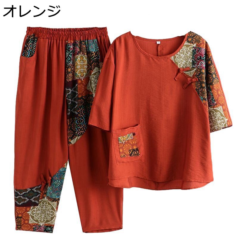 シニアファッション Tシャツ 半袖 セットアップ 綿麻 祖母 お年寄り 切り替え エスニック レディース カットソー 9分丈 イージーパンツ ゆったり 薄手 通気性 カジュアル リラックス 贈り物 母の日 春夏秋