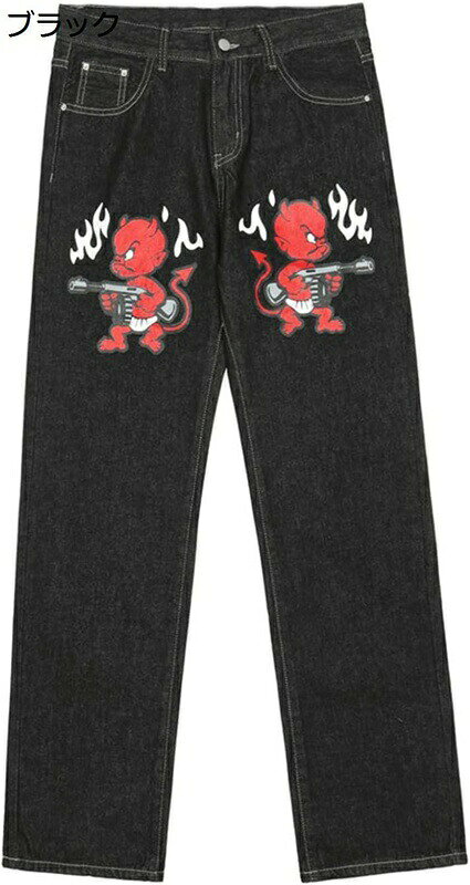 ジーンズ メンズ デニムパンツ パンク系 悪魔 プリント ジーパン ヒップホップ ストリートファション ゆったり 大きいサイズ ストレートタイプ 欧米風 rap レゲエ カジュアル V系 オシャレ 男性 長ズボン ダンスウェア