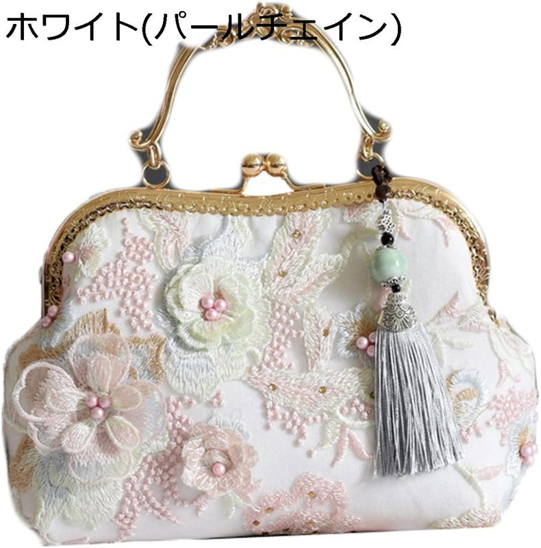 VANESSA BRUNO - レディース ハンドバッグ 立体花刺繍 がま口ポーチ 手提げ フリンジ 2way 小物入れ レトロ 財布 レース ショルダーバッグ 斜めがけ ラインストーン 復古 持ち 和装 花柄 成人式 和装 宴会