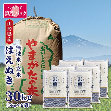 米 30kg 送料無料 白米 無洗米 はえぬき 5kg×6 令和三年産 山形県産 30キロ お米 ごはん 米 検査米 単一原料米 玄米 保存食 無洗米 真空パック