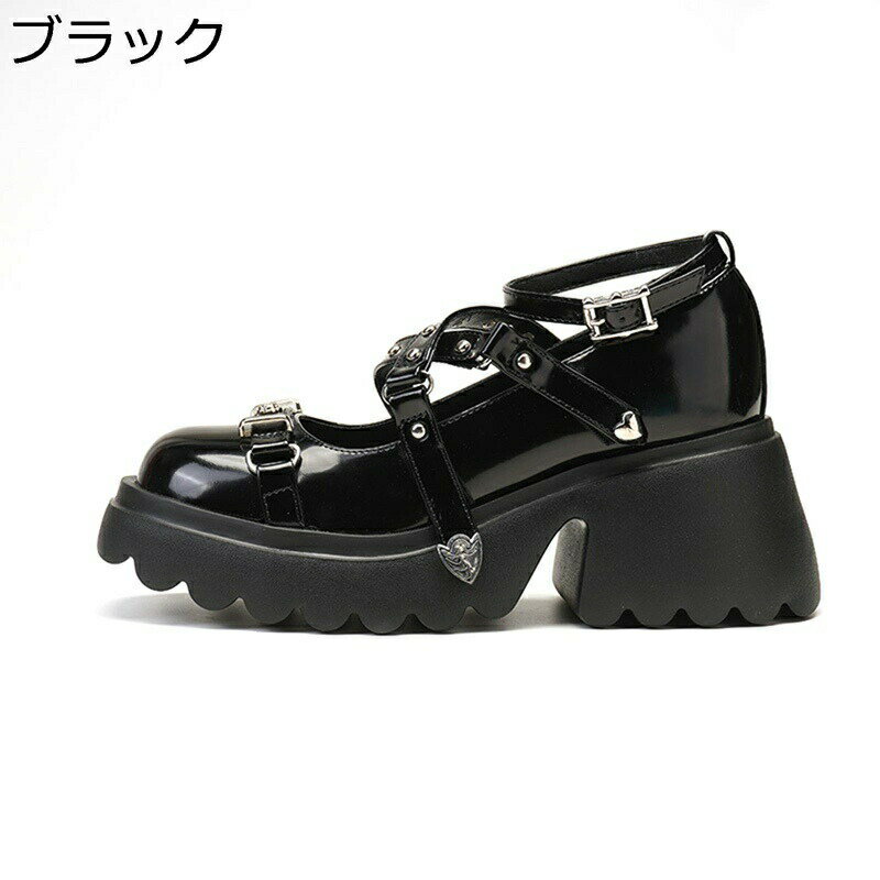 パンク ロリータ レディース 6CM 太めヒール クロスストラップ バックル クールゴス エナメル リベット 艶 定番 ゴシック コスプレ 原宿 量産型 地下アイドル 量産型 おでこ靴 ローファー