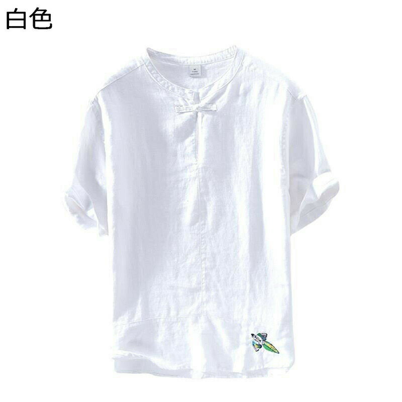 Rakuten - Tシャツ メンズ 夏 リネンシャツ 半袖Tシャツ カジュアル ヘンリーネック スタンドカラー シンプル 刺繍 ゆったり 軽量 速乾 通気 ビーチ 旅行 釣り 夏服 トップス