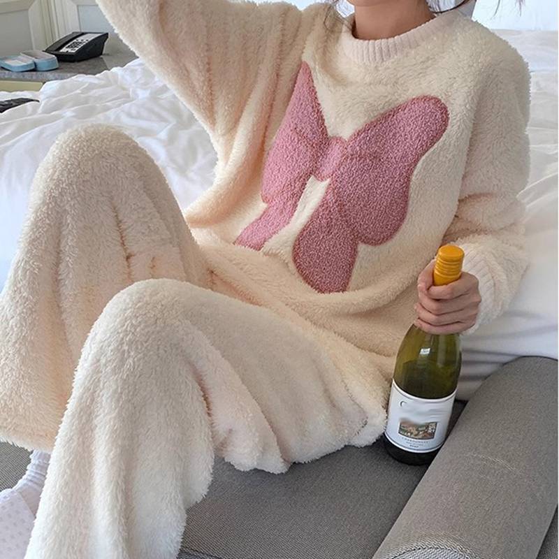 モコモコパジャマ 蝶結びプリント レディース ルームウェア かわいい 婦人パジャマ 2点セット 長袖 ロングパンツ フランネル 秋冬用 ふわふわ 暖かい ソフト 昼寝着 ファッション シンプル 部屋着 デイリー お出かけ 3